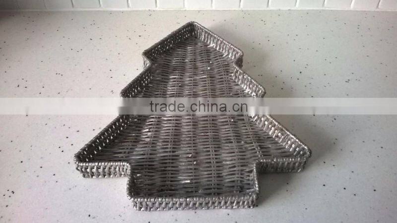 Pretty Christmas Tree Shaped Silver Painted Wicker Basket Tray Festive Display