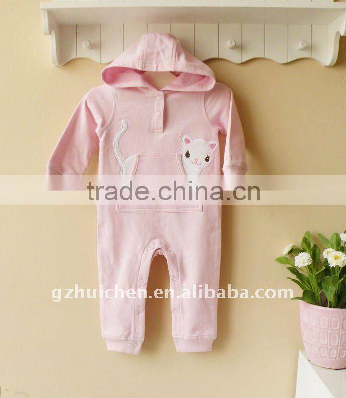 2011 autumn baby wear 100% cotton embroider hooded romper