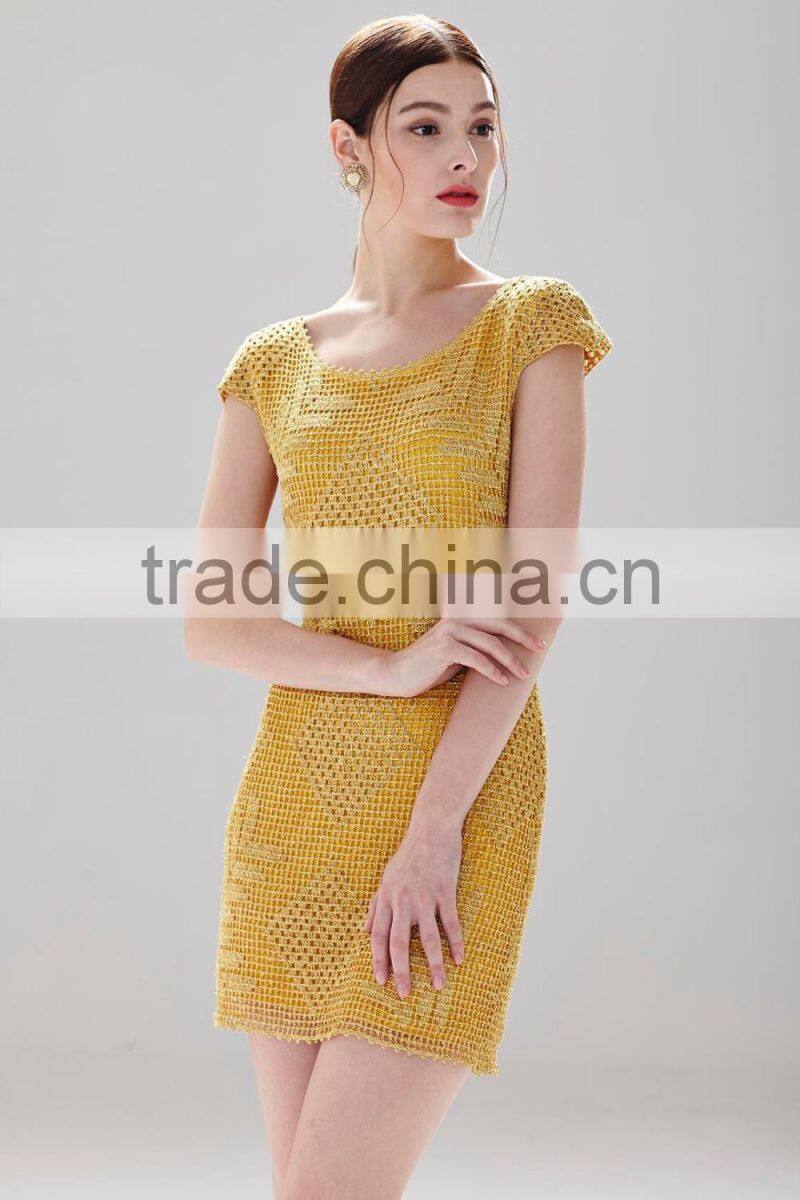 Grid pattern design shinny gold metallic effect ladies formal slim lace fashion dress SR-D9791