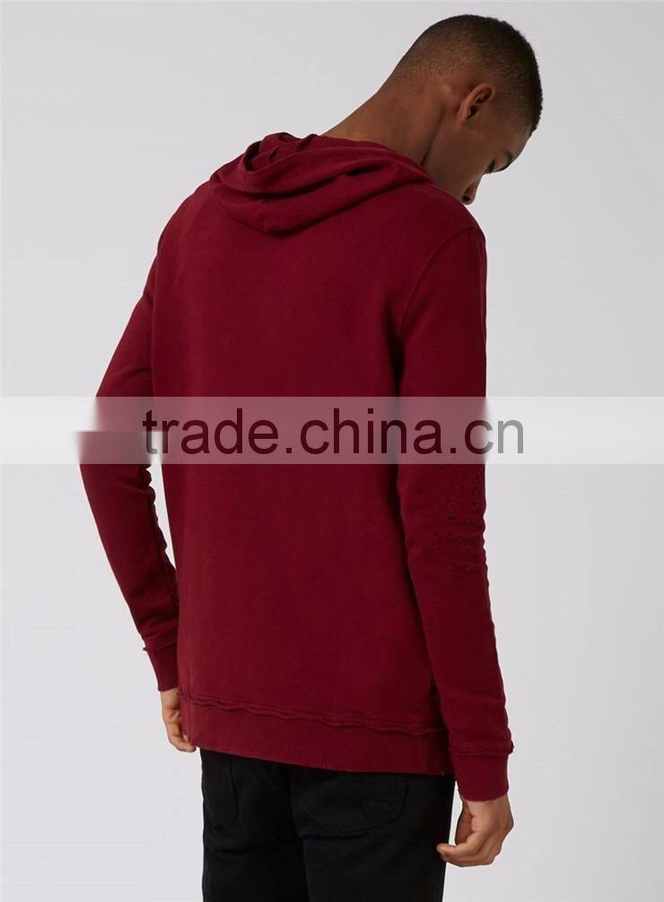 Custom Design Plain Extreme Ripped Oversized Longline Distressed Classic Fit Hoodie Burgundy Split Sides