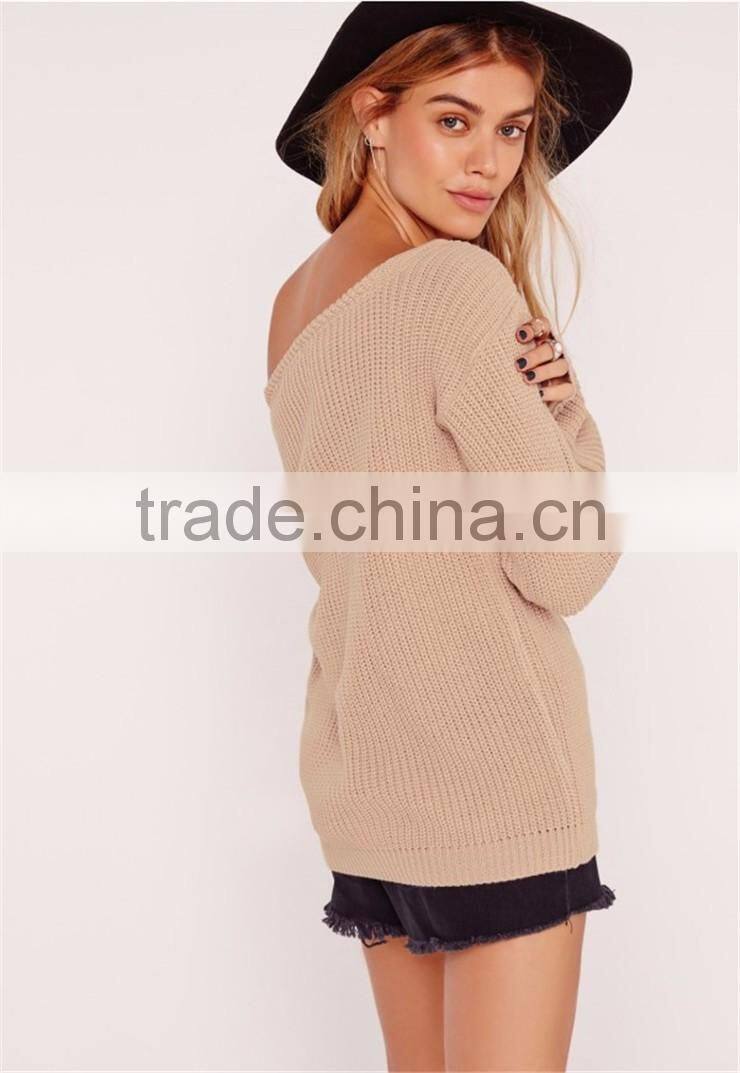 MGOO New Branding Women Oversized Loose Plain Sexy Off Shoulder Longline Knitted Jumper Camel Knitwear Private Label