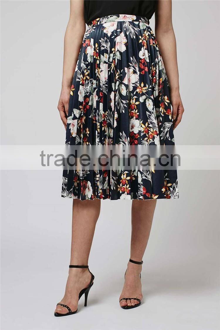Hot Sale Women Floral Print Satin Pleated Skirts Maxi Cutout Empire Waist Fashion Skirts