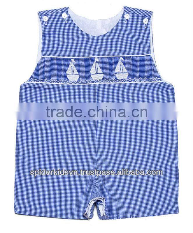 Infant/Toddler Boys Blue Check Smocked Nautical Sailing Shortall
