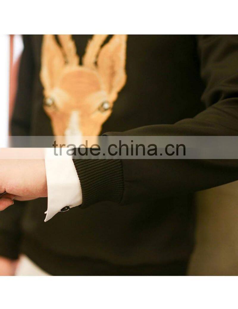 Fashion deer embroidery black designer tshirt with long sleeves sweatshirt