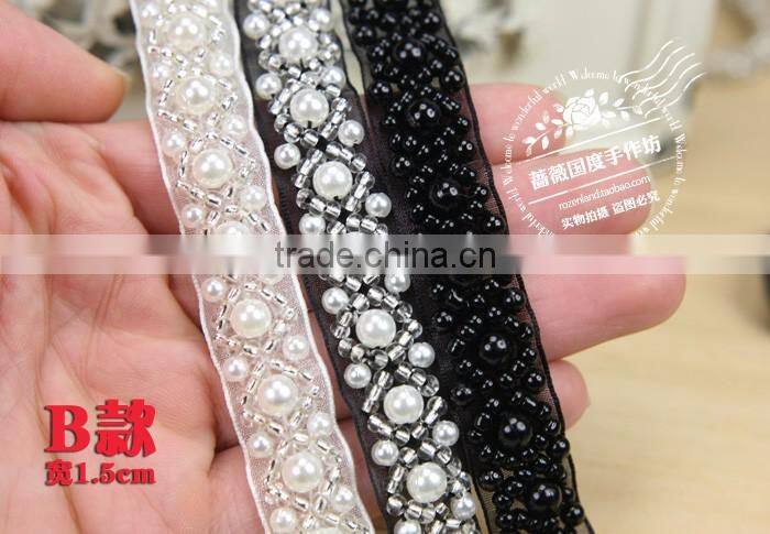 Handmade diy clothing collar accessories 1-3cm black white pearl decorative beaded lace trim