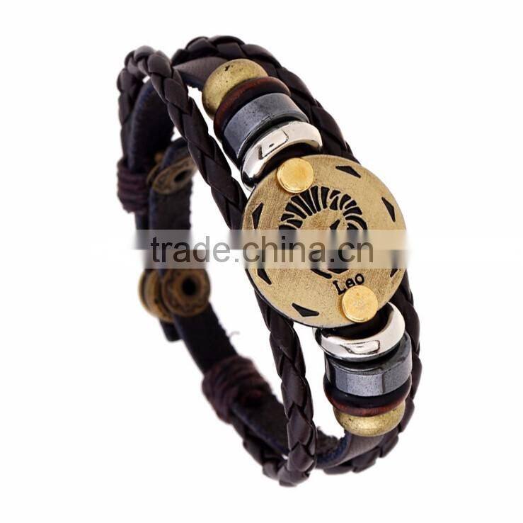 Retro 12 Zodiac Womens Mens Genuine Real Braid Faux Leather Bracelet Bangle Cuff Wristband Handmade Jewlery