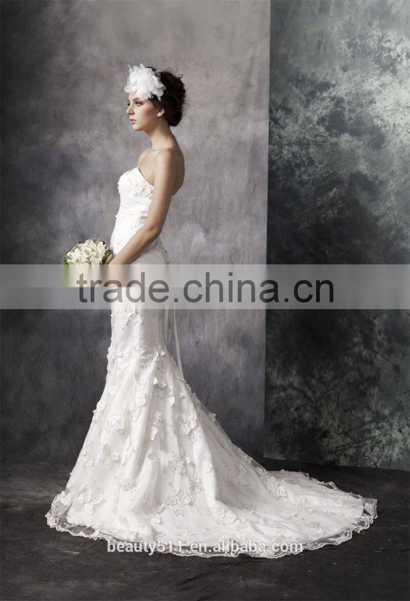 Mermaid Sweetheart Court Train wedding dress Elegant Lace and Satin bridal gown AS30202