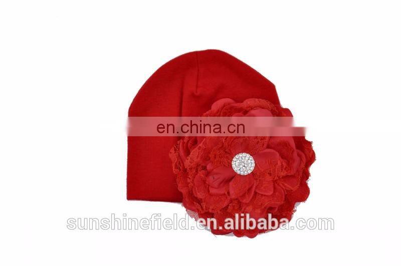 2016 Trendy Newborn Cute Hat Girl Boy Infant Hat Baby Beanies with Elegant Lace Rhinestone Peony Flower