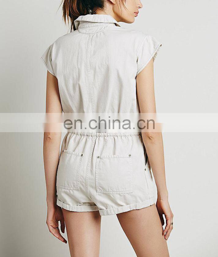 CHEFON Zip front rolled shorts buttom and breast pockets women romper,short pants romper