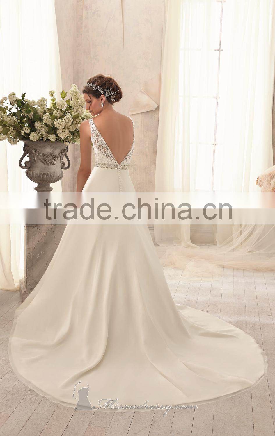 Elegant Bateau Neckline Sleeveless with Lace Applique Beads Natural Waistline Sexy Open Back Wedding Dresses