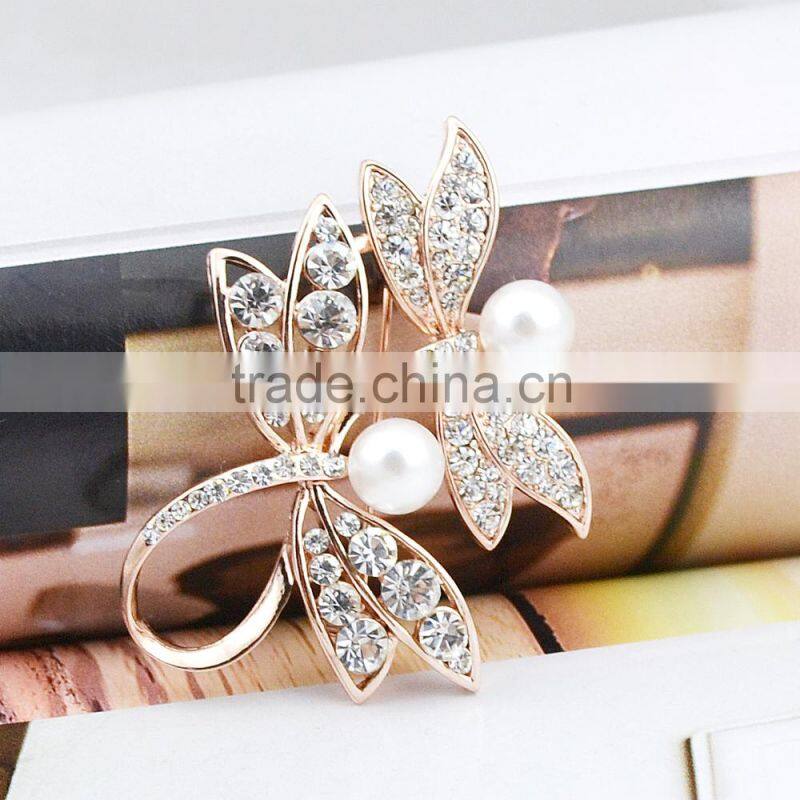 2015 Fashion jewelry dragonfly design pearl brooch multicolor crystal brooch