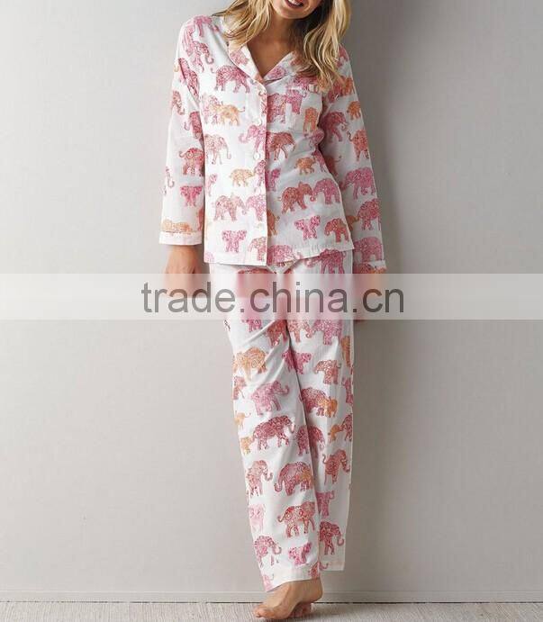 Wholesale Cheap Factory Fresh Knitted 100% Organic Cotton Voile Women Pink Elephants Printed Pajamas Set