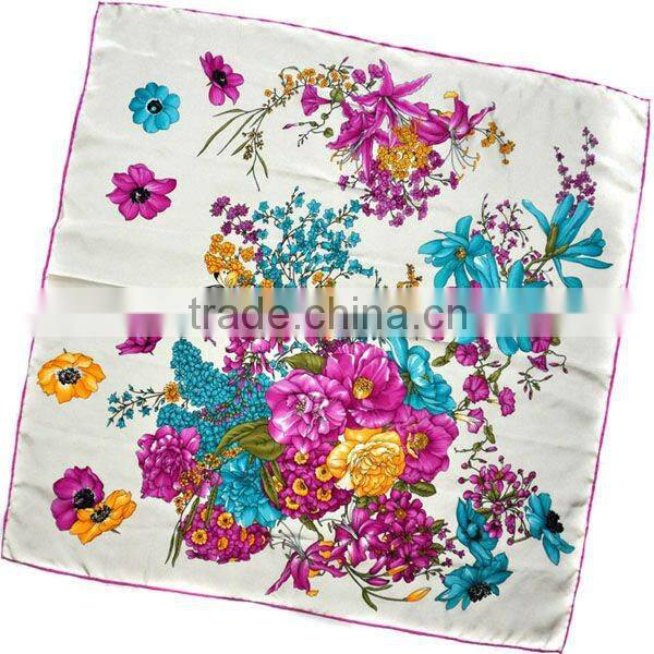 Flowers Printed Silk Twill Scarf for Women Purple/Yellow
