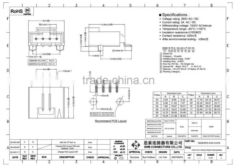 2.54MM Pitch wire to board connectors electrical wiring connectors Molex replacement