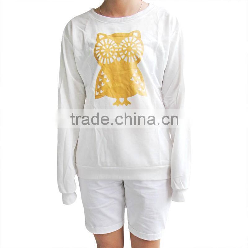 2015 Spring Women Casual Cute White Owl Animal Print Beading Hoodies Pullover Plus Size M-XL