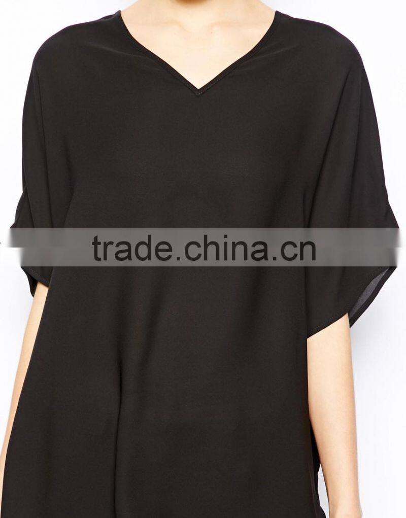 China wholesale shirt woman Polyester V- neckline New Designer Plain Black T shirts