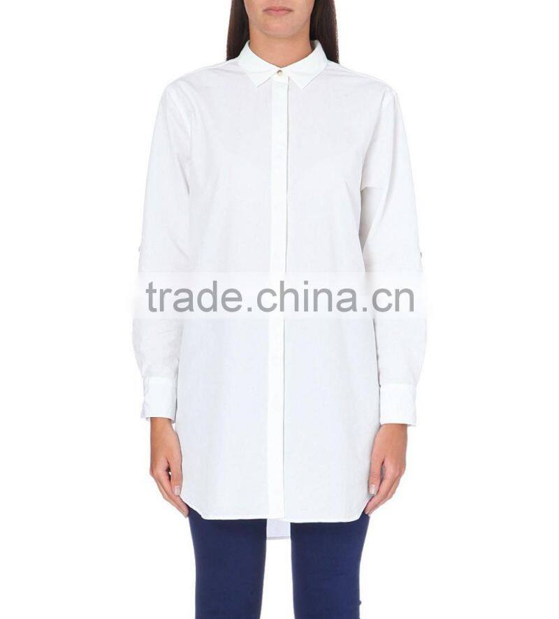 Wholesale Women Oversized Collar Long Sleeves Buttoned Cuffs Curved Hem Cotton Shirt(DQE0196T)