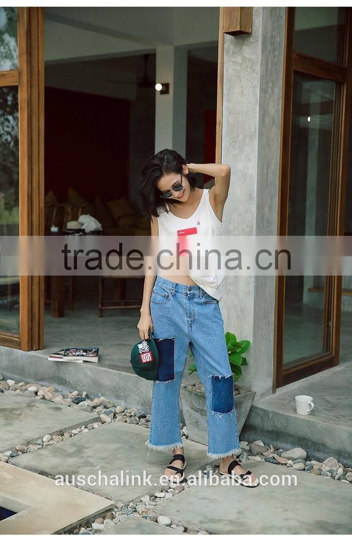 summer trendy exotic knee patches straight jeans fashion design