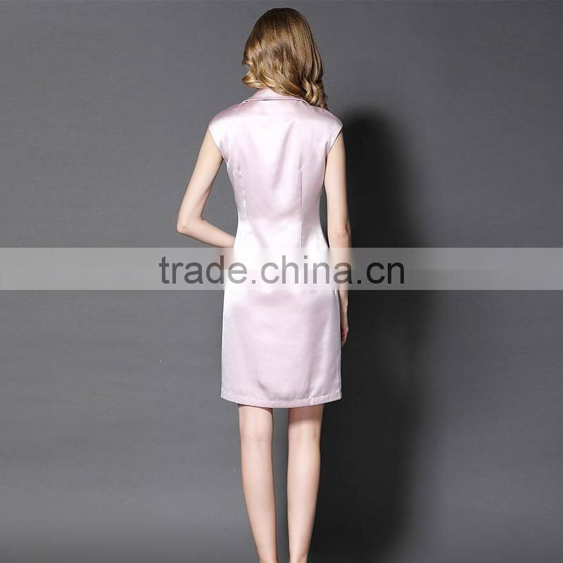 Maxnegio notch lapel pink color cap sleeve office dress