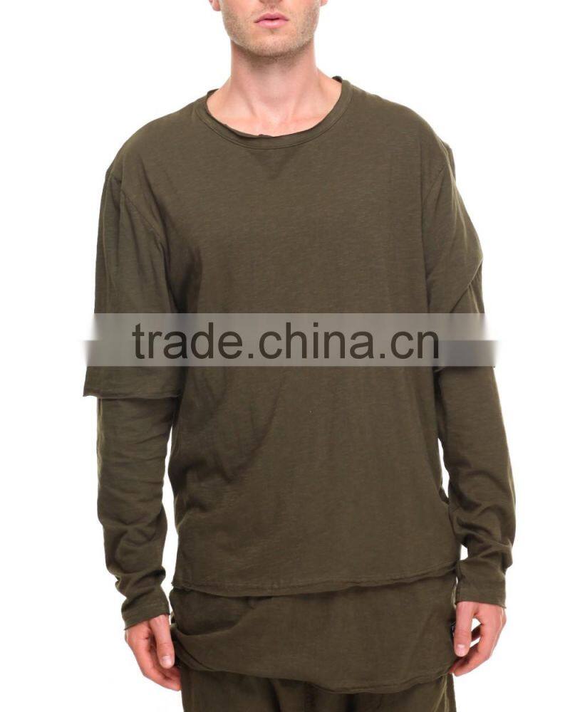 Pieced layered construction raw mens athleisure crew neck collar longline tees