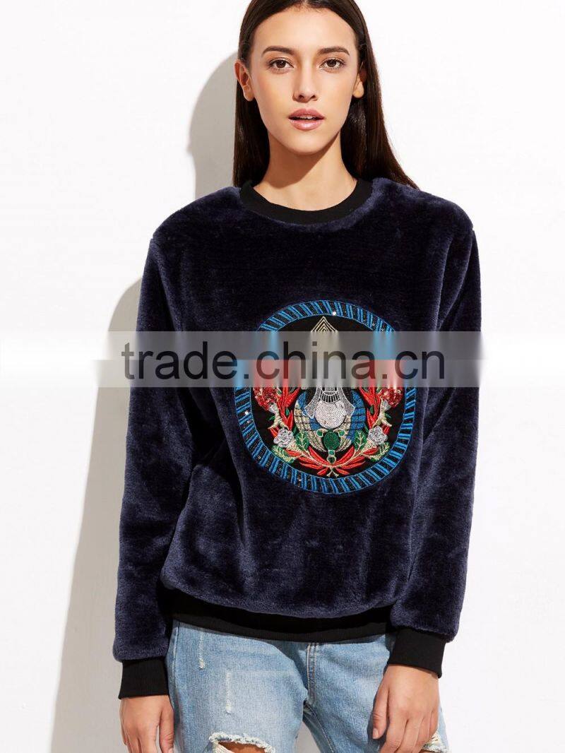 Navy Velvet Embroidered Sweatshirt Long Sleeve100 Cotton Frech Terry Custom Embroidery Sweatshirt Vintage Winter Coats