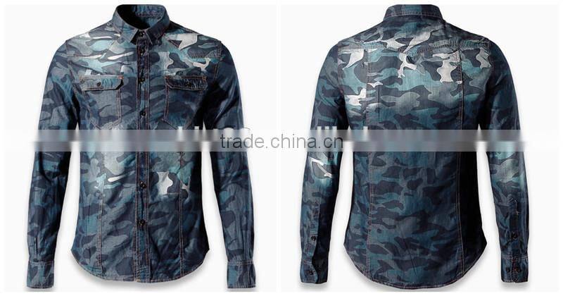 2016 Camouflage style men washed denim casual shirt