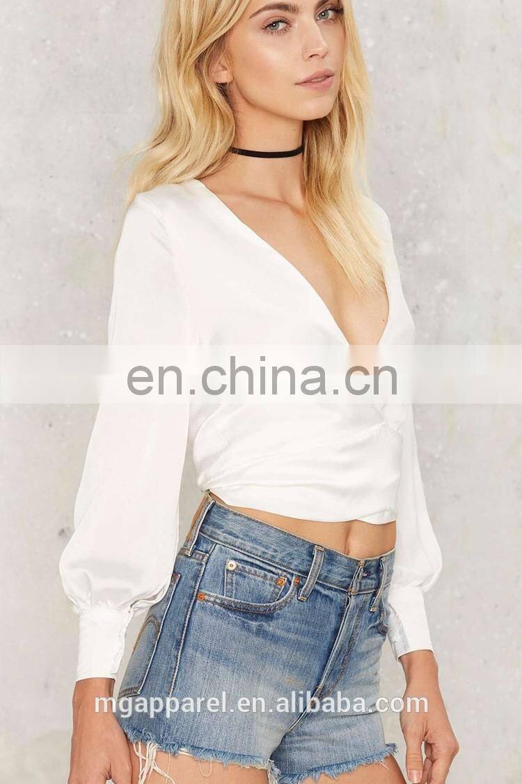 New style women tops and blouses, 2017 summer women wrap white blouse