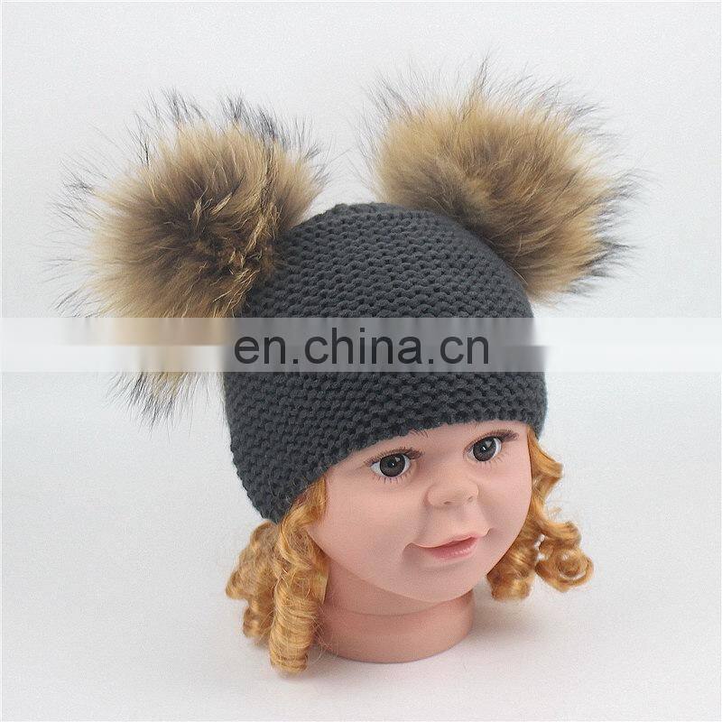 2017 Big Raccoon Fur Pom Pom Beanie Large Bobble Pompom Baby Hat