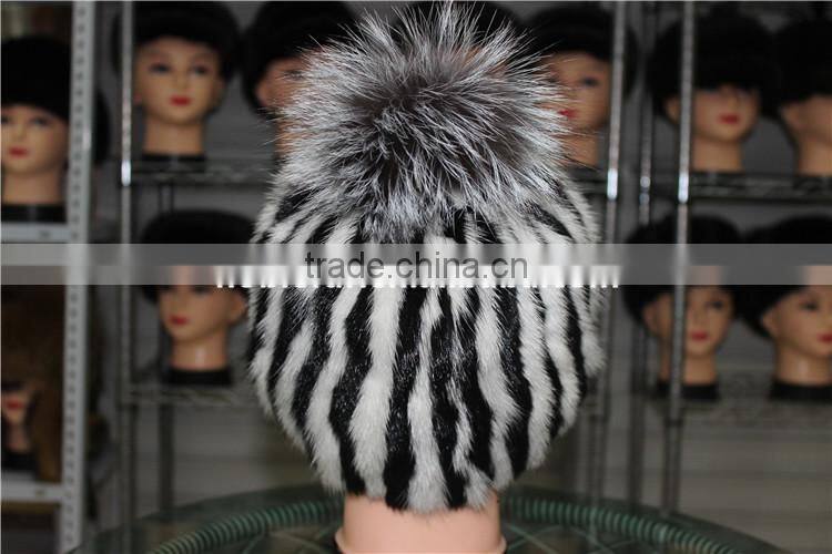 Women Beanies Real Stripe Knitted Mink Fur Caps With Top Silver Fox Fur Ball Hats