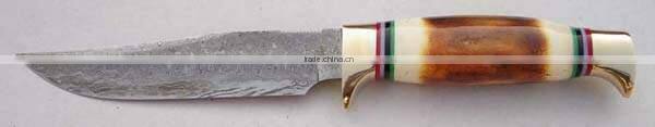 Damascus Steel Blade knife Color Bone + Plastic Ring Handle and Brass bolster With Leather Sheath.