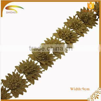 Big discount Metallic Gold Venise african guipure polyester lace trim wholesale for evening dress XJ142