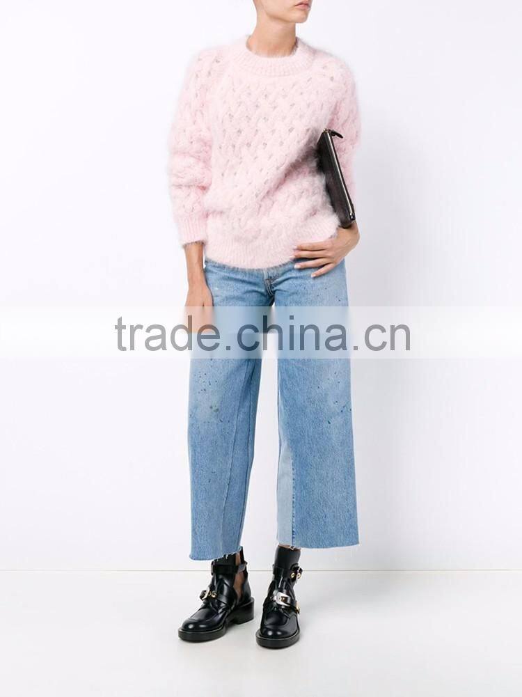 Pink blended thick knitting round collar buckles with ultra long sleeves