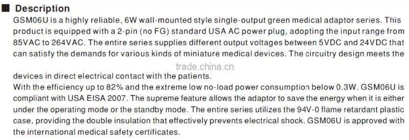 CE approved mean well 6w 9v high reliable medical power adapter with 3 years warranty