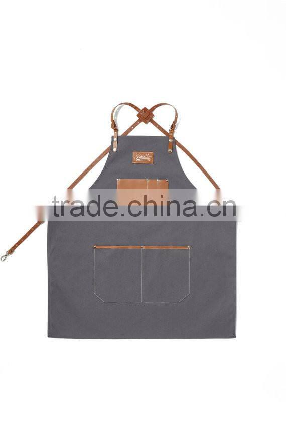 Vintage Canvas Barista Apron, Ivory Canvas with Dark Brown Leather Strap Apron