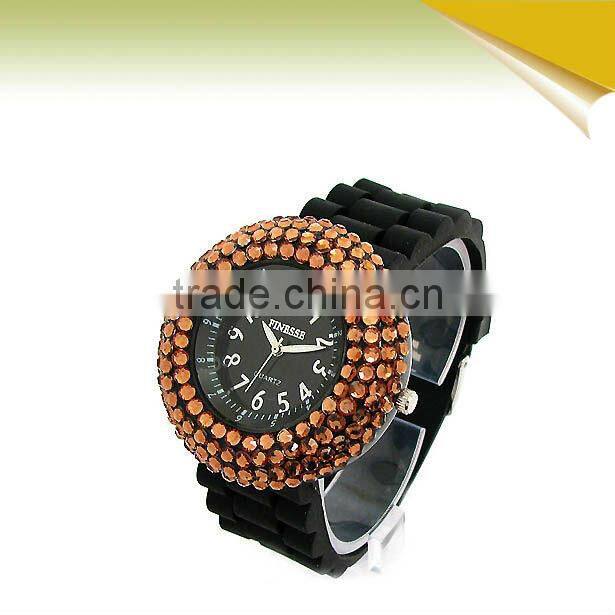Nobby Fashion Colorful Geneva Lady/Women/Girl Jelly Silicone Quartz Wrist Watch with diamond Black