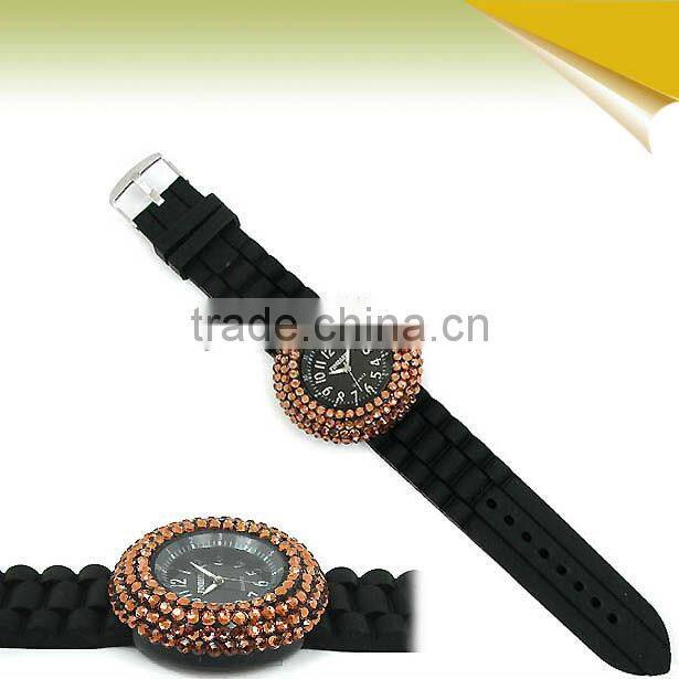 Nobby Fashion Colorful Geneva Lady/Women/Girl Jelly Silicone Quartz Wrist Watch with diamond Black