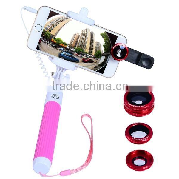 Apexel 4 in 1 set Selfie Stick with Cable 3.5mm and 3 in 1 Lens Wide Angle Macro lens Fisheye Lens for iPhone Samsung