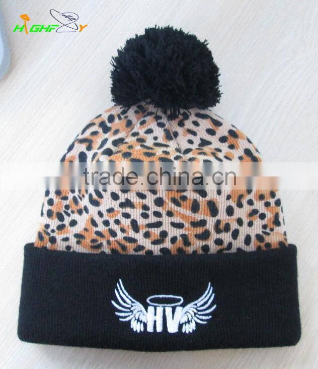 Wholesale high quality OEM custom printed logo pom pom knit baggy beanie hat with top ball