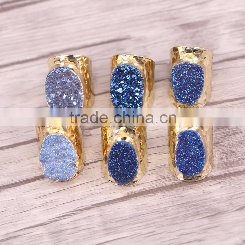 Gold Plated Natural Blue Agate Titanium Druzy Ring Freeform Drusy Gemstone Geode Jewelry Ring