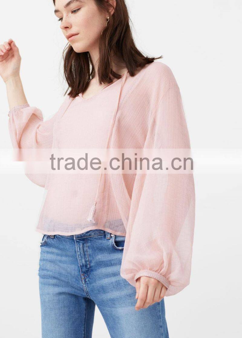 Latest Design Bishop Sleeve Sexy See Through blouses 2016 new designs