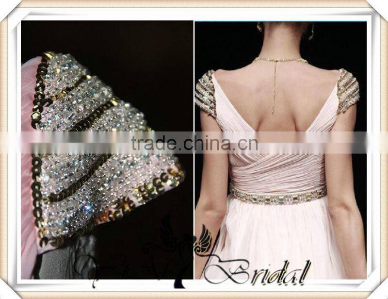 RSE256 Cap Sleeve Long Chiffon With Rhinestones Belt Country Style Peach Color Bridesmaid Dress