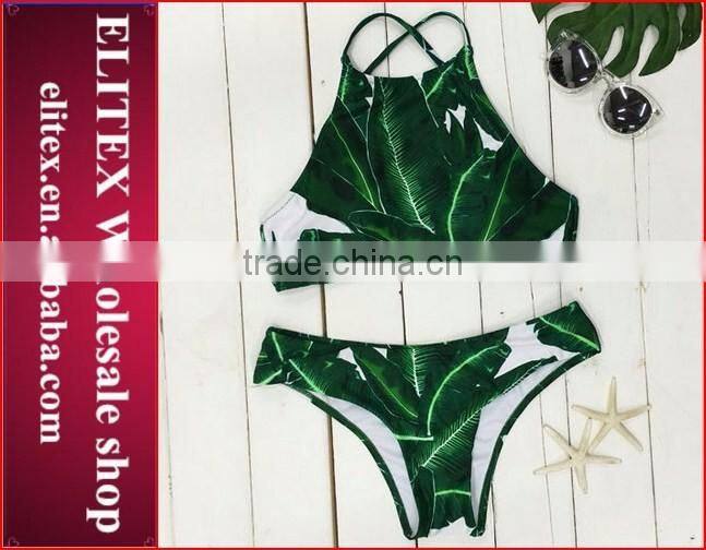 2017 Newest halter green leaves print sexy micro bikini CK371