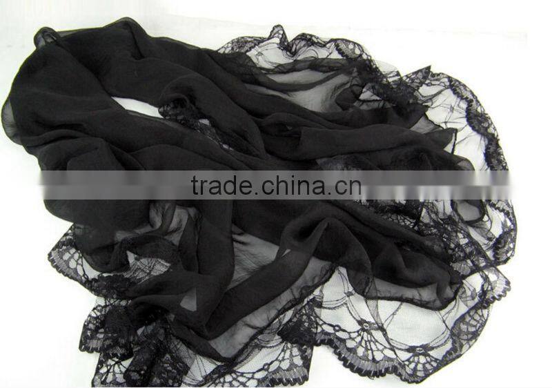 2014 Newest Style Solid Color Silk Chiffon Scarves Lady Girls Lace Edging Scarf Shawl Black Wholesale