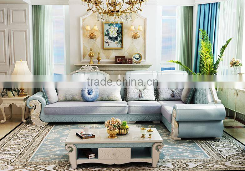 Fabric seat light blue genuine leather corner sofa set