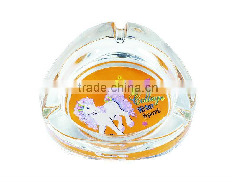 Glass ashtray with decal on bottom,high quality glass ashtray