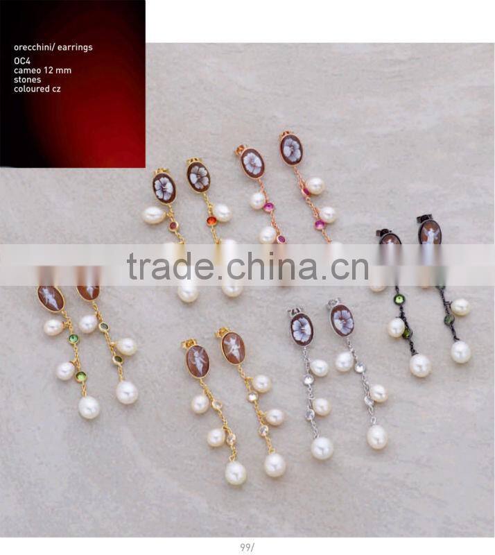Wholesale 925 Sterling Silver Elegant Middle East Handmade Cameo with Pearl Earrings Made in Italy O905 cameo 11mm