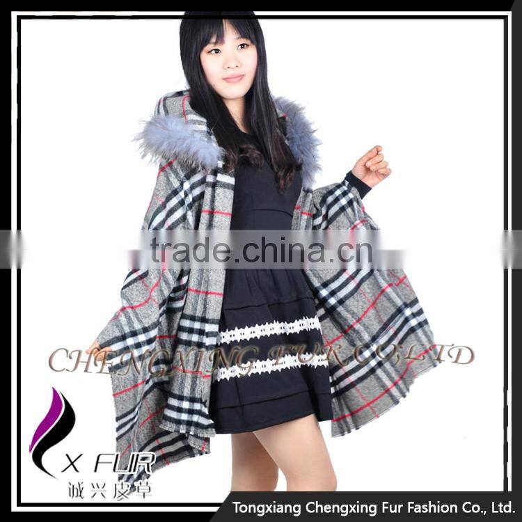 CX-B-P-39 Real Raccoon Fur Trimmed Fashion Women Pashmina Shawl