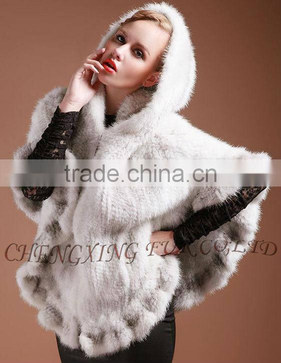 CX-B-M-06 Latest Womens Genuine Real Knitted Mink Fur Shawl Hoodied