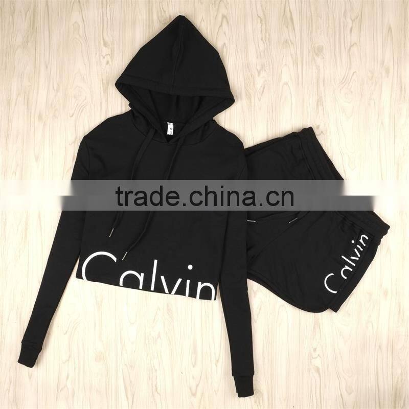 2016 New Women Fashion Sport Suit Tracksuit Summer Style Crop Top Black Gray Hoodies Sweatshirt + Short Pant Jogging Femme