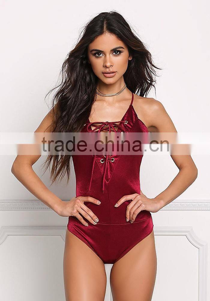MGOO New Designs 2017 Lace Up Cross Strap Bodysuits Burgundy Satin Playsuits 2017 Summer Designs Beach Style